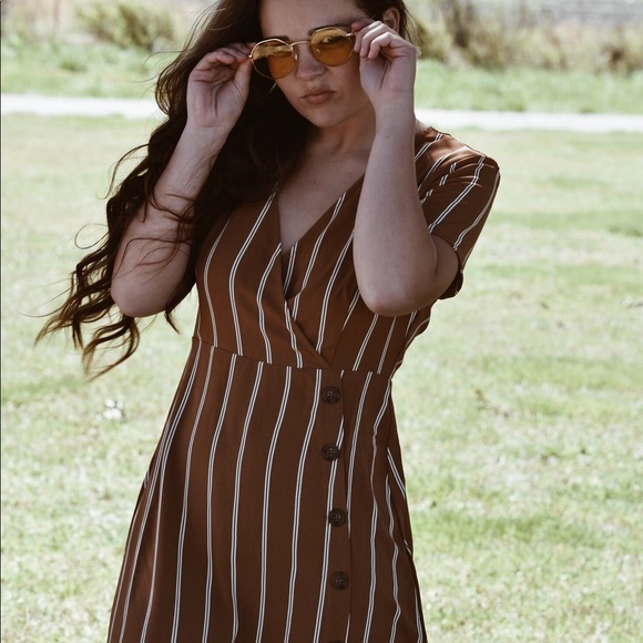 Mocha Striped Mini Wrap Dress - Picture 1 of 1